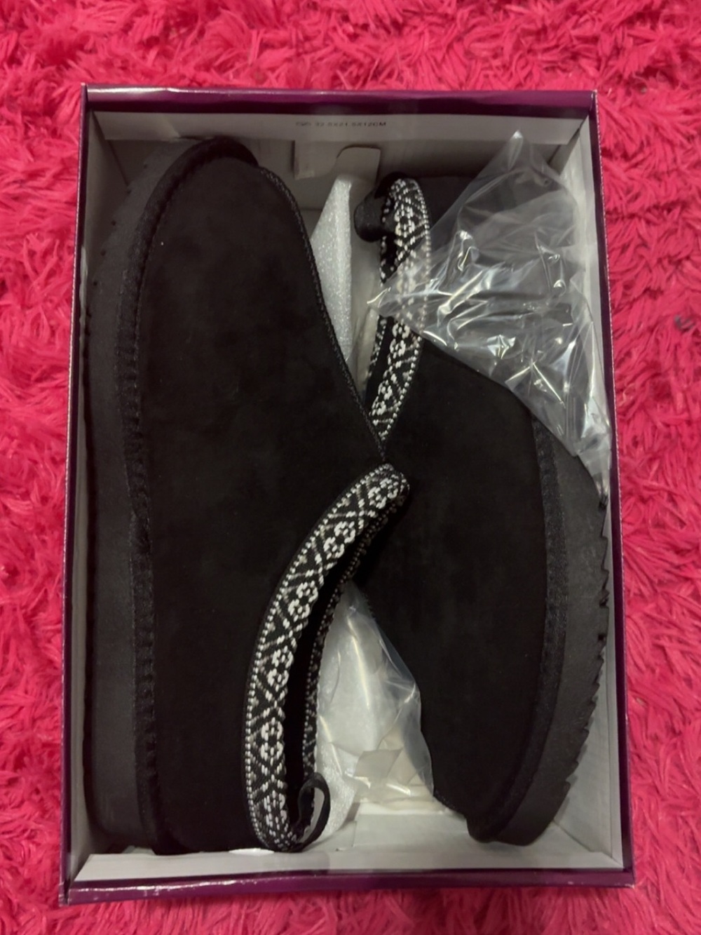 Soda Black Suede Slip-On Women's Slippers with Black & White Patterned Trim
